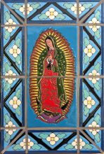 A Mexican Ceramic mural of The Virgin Of Guadalupe with RTK Studios Blue Flower Liner Plaque