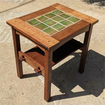 Rusty Green Field tiles set into Quarter Sawn Oak Table