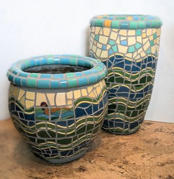 Poolside Swimmer Mosaic Planter Pair