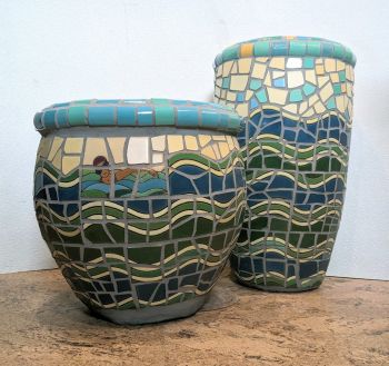 Poolside Swimmer Mosaic Planter Pair